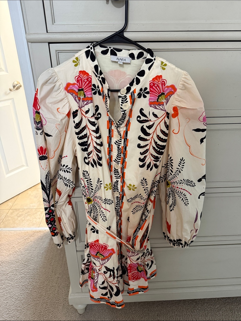 Cream Floral Embroidered Puff-Sleeve Dress